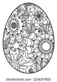 Vector doodle coloring book page or adult and kids . Easter egg in flower coloring page style. Detailed black contour flowers pattern on white background