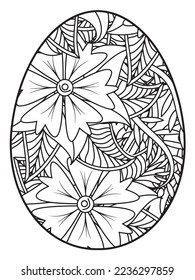 Página del libro de colorear el doodle vectorial para adultos y niños. Huevo de Pascua al estilo de página de color de flores. Patrón detallado de flores de contorno negro sobre fondo blanco