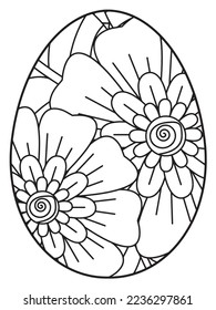 Vector doodle coloring book page or adult and kids . Easter egg in flower coloring page style. Detailed black contour flowers pattern on white background