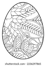 Página del libro de colorear el doodle vectorial para adultos y niños. Huevo de Pascua al estilo de página de color de flores. Patrón detallado de flores de contorno negro sobre fondo blanco