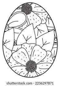 Vector doodle coloring book page or adult and kids . Easter egg in flower coloring page style. Detailed black contour flowers pattern on white background