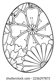 Vector doodle coloring book page or adult and kids . Easter egg in flower coloring page style. Detailed black contour flowers pattern on white background