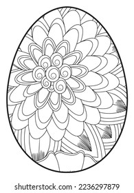Vector doodle coloring book page or adult and kids . Easter egg in flower coloring page style. Detailed black contour flowers pattern on white background