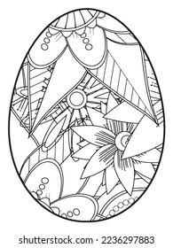 Vector doodle coloring book page or adult and kids . Easter egg in flower coloring page style. Detailed black contour flowers pattern on white background