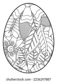 Vector doodle coloring book page or adult and kids . Easter egg in flower coloring page style. Detailed black contour flowers pattern on white background