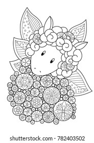 Vector doodle coloring book page cute sheep in flowers. Anti-stress for adults and children