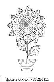 Vector doodle coloring book page flower in pot. Anti-stress for adults and children