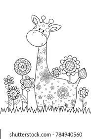 Vector doodle coloring book page cute giraffe with floral spots in the flowers. Anti-stress for adults.