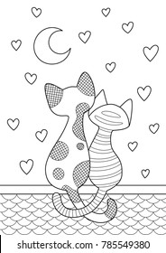 Vector doodle coloring book page cats sitting on the roof and look at the moon on hearts background. Anti-stress for adults. 