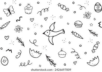 Vector doodle coloring set with carrot, eggshell, candy, colored eggs. Illustration for coloring
