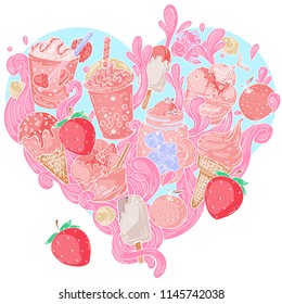 Vector doodle composition in shape of a heart with cold drinks and ice-cream, in juice splashes with strawberries. Summer theme beverages, pink art for advertising, banners, leaflets and menu on blue