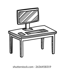 Vector doodle of a computer desk with monitor and keyboard. Hand-drawn in sulfur white on a white background. Minimalist line art illustration.