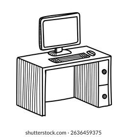 Vector doodle of a computer desk with monitor and keyboard. Hand-drawn in sulfur white on a white background. Minimalist line art illustration.