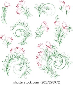 Vector doodle contour drawings of set abstract red flowers with decorative green leaves