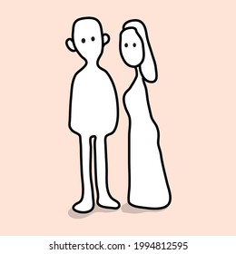 Vector Doodle couple cartoon man and woman icon, unpredictable emotion, flat graphic illustration, black ink line.