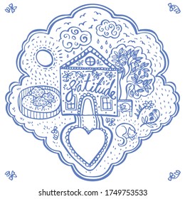 Vector doodle cozy cottage illustration set, greeting card, kids, folkart, hygge icon. Blue outline. Brush painted modern icon kit on white background isolated vector