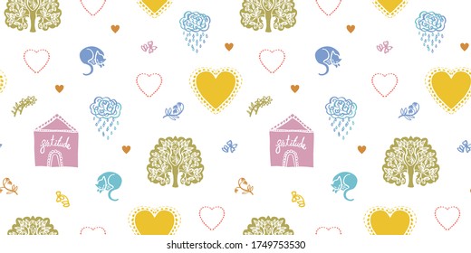 Vector doodle cozy cottage pattern, greeting card, kids, folk art, hygge design. Cut out modern pastel design on white background. Kids, baby, nursery.