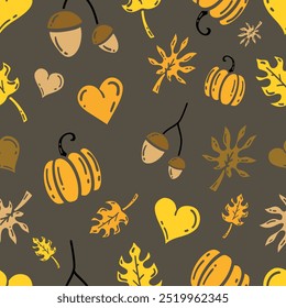 Vector Doodle Creative Autumn Seamless Pattern Design On Dark  Background Autumn Dry Leaves, pumpkins acorns Hand drawn repeatable texture autumn stickers or doodle icons