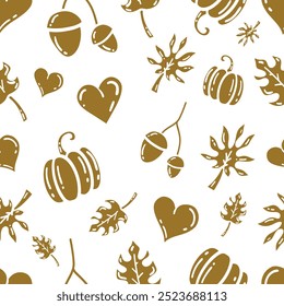 Vector Doodle Creative Autumn Seamless Pattern Design. Isolated on White Background Autumn Dry Leaves, pumpkins acorns. Hand drawn repeatable texture autumn stickers or doodle icons