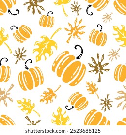 Vetor Doodle Criativo Autumn Design Padrão Sem Costura. Isolado no fundo branco folhas secas de outono, abóboras bolotas. Autocolantes de outono de textura repetível desenhados à mão ou ícones de doodle