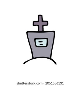 Vector doodle cross. Outline grave isolated on white background. Headstone, cross on the tomb on the hill. Cartoon cemetery landscape. Symbol of Halloween, Day of the Dead, burial, RIP illustration