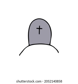 Vector doodle cross. Outline grave isolated on white background. Headstone on the tomb. Cartoon cemetery landscape. Symbol of Halloween, Day of the Dead, funeral services, burial, RIP illustration