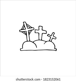 Vector doodle crosses. Outline grave isolated on white background. Crooked crosses on the tomb on the hills. Cemetery cartoon landscape. Sign of Halloween, Day of the Dead, burial, RIP illustration