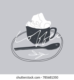 Vector doodle cup of coffee with whipped cream. Hand drawn stylized illustration with hand lettering 