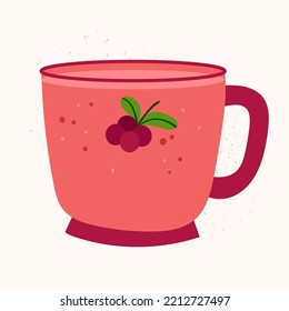 Vector doodle cup isolated on white. Hand drawn ceramic teacup with berry print