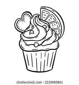 Vector doodle cupcake with cream hand drawn design. Sweet new year dessert with cookies isolated on white background. For print, coloring, logo