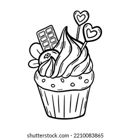 Vector doodle cupcake with cream. Sweet new year dessert with cookies and berries isolated on white background. Hand drawn illustration. For print, coloring, logo