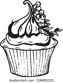 Vector doodle cupcake. Hand drawn food icon isolated on white background. Hand-drawn elements for  menu, cafe and restaurants.