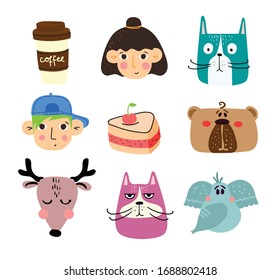 Vector doodle cute animal, people's faces, tasty food in simple design for kid's greeting card design, t-shirt print, inspiration poster.
