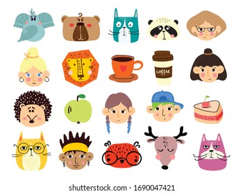 Vector doodle cute animal, people's faces, tasty food in simple design for kid's greeting card design, t-shirt print, inspiration poster.