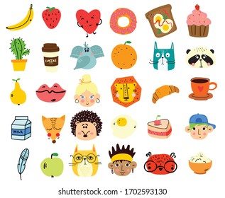 Vector doodle cute animal, people's faces, tasty food in simple design for kid's greeting card design, t-shirt print, inspiration poster.