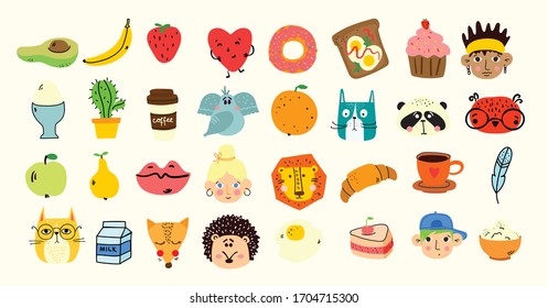 Vector doodle cute animal, people's faces, tasty food in simple design for kid's greeting card design, t-shirt print, inspiration poster.