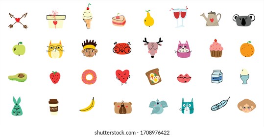 Vector doodle cute animal, people's faces, tasty food in simple design for kid's greeting card design, t-shirt print, inspiration poster.