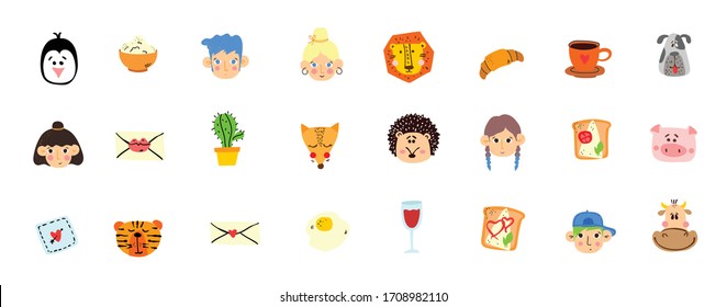 Vector doodle cute animal, people's faces, tasty food in simple design for kid's greeting card design, t-shirt print, inspiration poster.