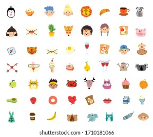 Vector doodle cute animal, people's faces, tasty food in simple design for kid's greeting card design, t-shirt print, inspiration poster.