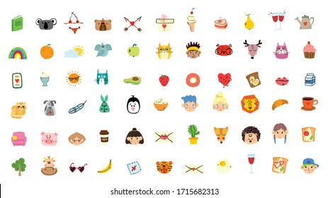 Vector doodle cute animal, people's faces, tasty food in simple design for kid's greeting card design, t-shirt print, inspiration poster.