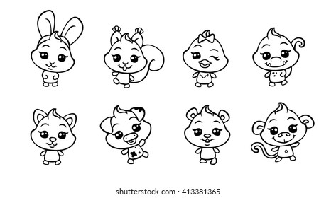 vector doodle cute animals set