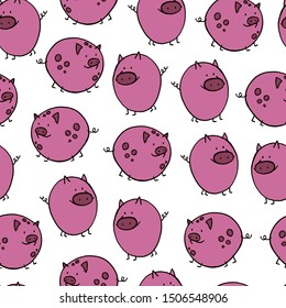 Vector doodle cute cartoon pig illustration seamless pattern in pink colours isolated on white background