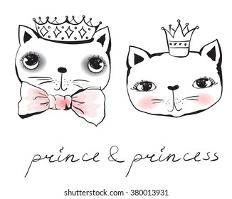 Vector doodle cute cat avatars princess and prince