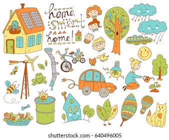 Vector doodle cute collection of ecology and family. Nature, alternative energy sources, resource saving, smart house. Color handdrawn illustration, cartoon style