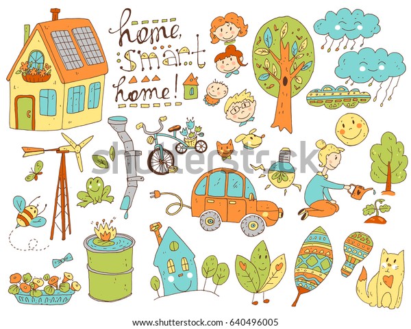 Vector doodle cute collection\
of ecology and family. Nature, alternative energy sources, resource\
saving, smart house. Color handdrawn illustration, cartoon\
style