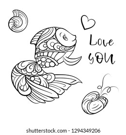 Vector doodle cute fish and seashells illustration for romantic antistress coloring