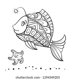 Vector doodle cute fish and a starfish illustration for antistress coloring