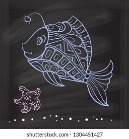 Vector doodle cute fish and a starfish illustration on a chalkboard background