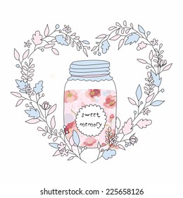 vector doodle cute illustration with frame of leaves and flowers