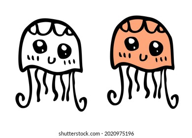 Vector Doodle Cute Little outline and color Jelly Fish for coloring learning
